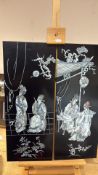Pair of black lacquer wood panels inlaid with mother-of-pearl, depicting courtly Chinese figures