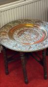 Brass Repouss Tray Table on Folding Hardwood Stand
