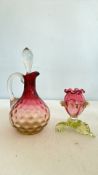 Pair of cranberry-amberina art glass cruet and bud vase
