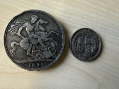 Victorian 1891 crown together with a 1887 shilling