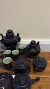 Stoneware tea and soup service, dark blue glaze