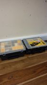 Pair of Stanley SortMaster organiser toolboxes with assorted electrical connectors and tools
