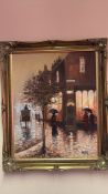Barry Hilton oil on canvas rainy street scene (58.5cm x 48.5cm including frame)