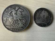 Victorian 1892 crown together with a 1896 two shi