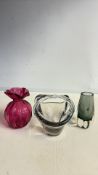 Three decorative art glass vases and bowl