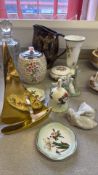 Assorted decorative ceramics, glass decanter and brass sailboat