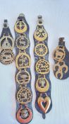Four leather horse brass martingale straps