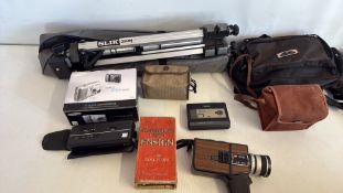 Group of cameras, tripod and accessories