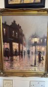 Barry Hilton oil on canvas depicting a lamplit rainy city street with figures under umbrellas,