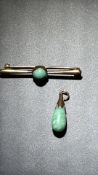 9ct Gold pin brooch & pendant - both set with jade