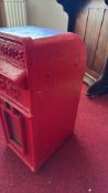 Red painted cast-iron Royal Mail wall box, embossed ‘POST OFFICE’ and crowned ‘E R’ cipher, hinged