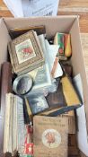 Box of vintage miniature books, printing blocks and ephemera