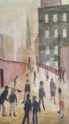 After L S Lowry oil on board depicting mill-town street with smoking chimneys and strolling figures,