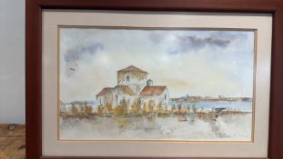 Jean-Claude Deschamps (b. 1937) watercolour of a riverside church (65cm x 45cm including frames)