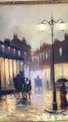 Barry Hilton oil on canvas of a rainy Victorian street with illuminated shopfronts and horse-drawn