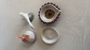 Group of Lladro porcelain dish, goose figurine and bell ornament