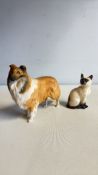 Pair of English ceramic animal figurines: Beswick rough collie and Royal Doulton Siamese cat, both