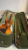 Allieri violin outfit comprising full-size violin, two bows, shoulder rest and green-lined zip
