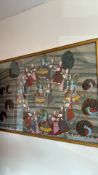 Hand-painted gouache on cloth depicting the Rasa Lila of Krishna and the gopis, with peacocks and