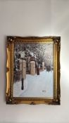 Barry Hilton framed oil on canvas depicting a snow-covered street with lamppost, solitary red-clad