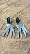 Modernist silver-tone and black cabochon drop earrings, pair