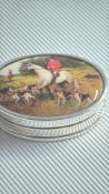 Silver enamel pill box hunting scene