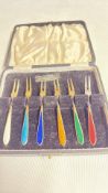 Set of 6 boxed enamelled sterling silver forks