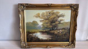 Barry Hilton, oil on canvas landscape with children by a river (49cm x 39cm including frame)