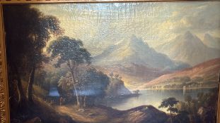 19th Century oil on canvas, lake & mountain scene with figures in moulded gilt frame. 72 cm x 97 cm