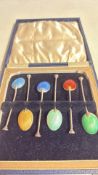 Set of 6 boxed enamel coffee silver spoons
