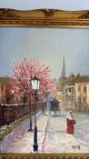 Barry Hilton, oil street scene with blossom tree (39cm x 49cm including frame)