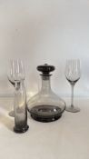 Wedgwood smoked lead crystal decanter, two goblets and small carafe (4)