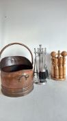 Copper Coal Scuttle, Chrome Companion Set and Table Skittles