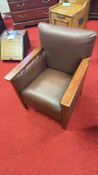 Mid-Century oak and leatherette armchair
