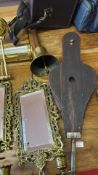 Group of brass mirrors, bell, roll holder and bellows