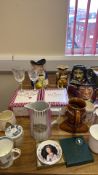 Collection of commemorative ceramics, Royal Albert crystal goblets and character jugs