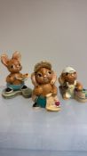 Set of 3 Pendelfin hand-painted stonecraft rabbit figurines—“Newsie”, “Splasher” and a palette-