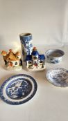 Group of Blue and White Ceramics to include Chinese sleeve vase (brush pot)