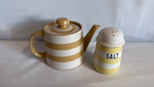 T.G. Green Cornishware yellow banded teapot and salt shaker