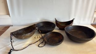 Group of Five Wooden and Metal Rustic Bowls