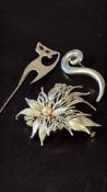 3x Silver assorted brooches