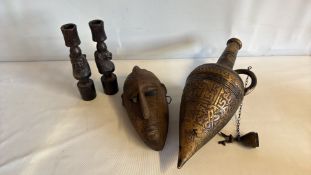 Carved Wood Candlesticks, African Mask and Brass Islamic Flask