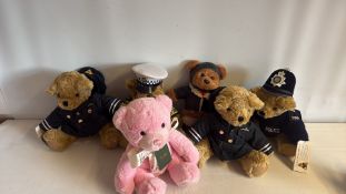 Set of Six Uniformed and Harrods Plush Teddy Bears