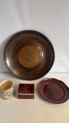 Decorative copperware, ceramic mug and faux tortoiseshell box