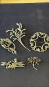 5x Silver & white metal pin brooches