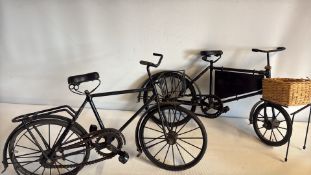 Pair of decorative metal bicycle and cargo tricycle models