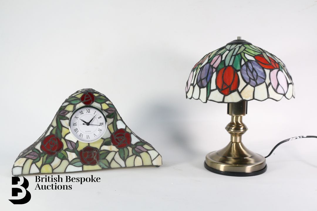 Tiffany Style Glass Lamp and Clock - Image 1 of 3