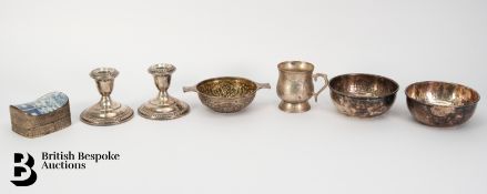 Silver Wine Taster, Silver Candlesticks, and Silver Plated Bowls