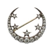 9ct White Gold and Silver Diamond Crescent and Star Brooch