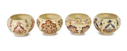 Four Hungarian Zsolnay Pec Unique Piece Hand Painted Bowls